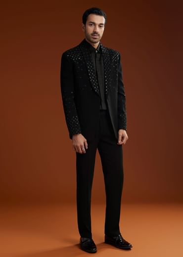 Black Cotton Satin Suit Set With Hand Embroidery
