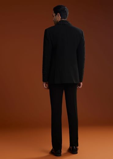 Black Cotton Satin Suit Set With Hand Embroidery