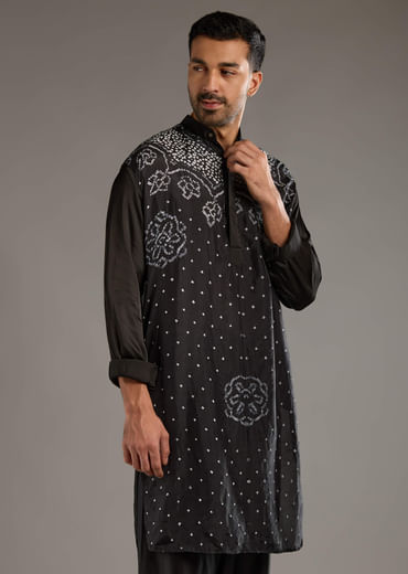 Black Cotton Silk Kurta Set For Men With Hand Dyed Bandhani Print Black Cotton Silk Kurta Set For Men With Hand Dyed Bandhani Print