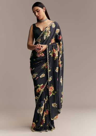 Black Crepe Saree With Floral Digital Print And Embroidered Border