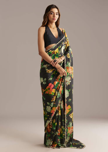 Black Crepe Saree With Floral Print And Stone Embroidery