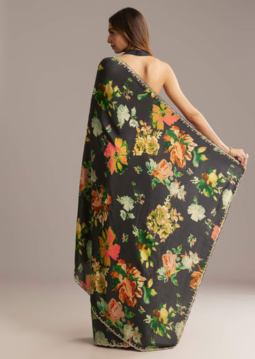 Black Crepe Saree With Floral Print And Stone Embroidery