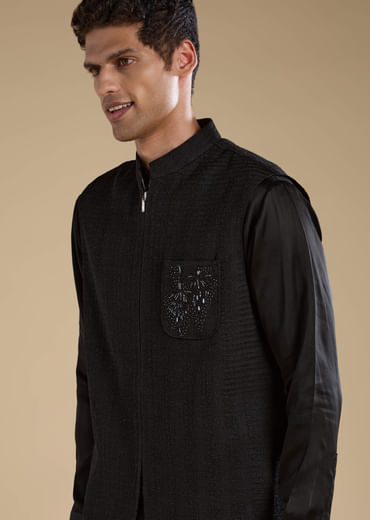 Black Cutwork Mens Jacket Kurta and Pant Set