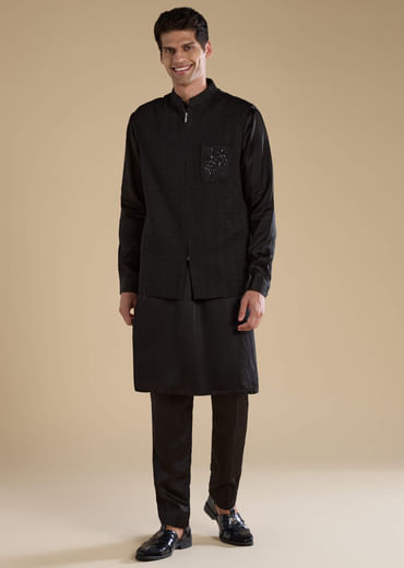 Black Cutwork Mens Jacket Kurta and Pant Set