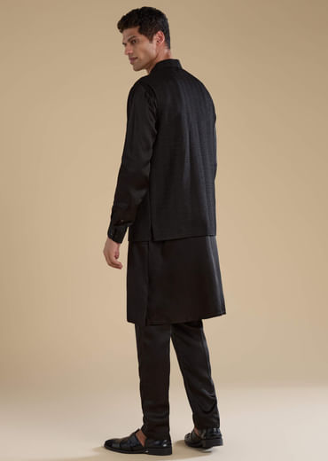 Black Cutwork Mens Jacket Kurta and Pant Set