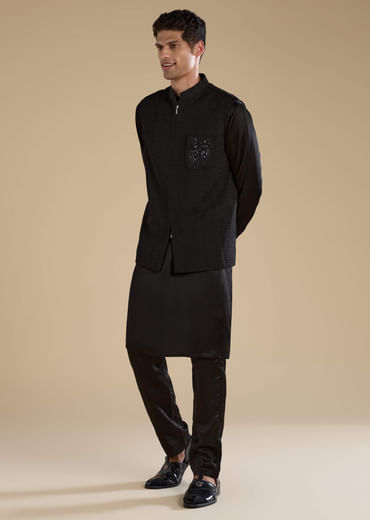 Black Cutwork Mens Jacket Kurta and Pant Set