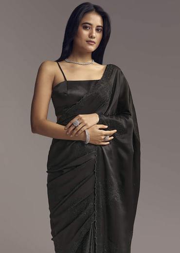 Black Embellished Chinon Saree With Floral Resham Work