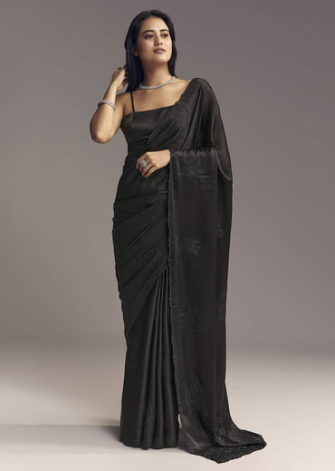 Black Embellished Chinon Saree With Floral Resham Work