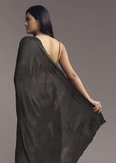 Black Embellished Chinon Saree With Floral Resham Work