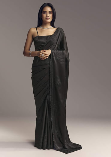 Black Embellished Chinon Saree With Floral Resham Work