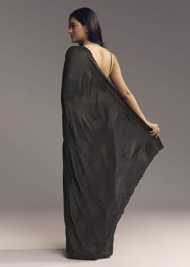 Black Embellished Chinon Saree With Floral Resham Work