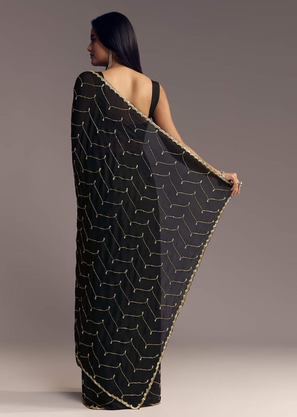 Black Embroidered Chinon Saree With Cut Dana Work