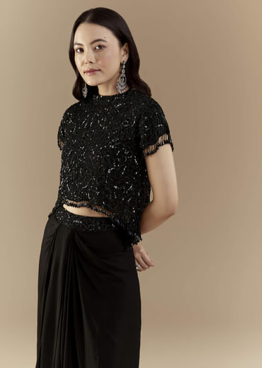 Black Embroidered Crop Top and Skirt Set