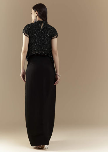 Black Embroidered Crop Top and Skirt Set