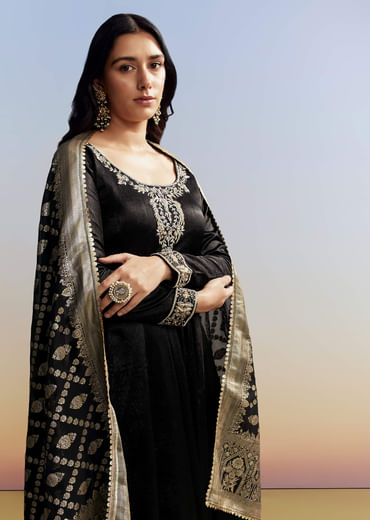 Black Embroidered Crush Satin Anarkali Set