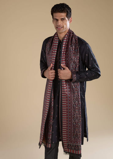 Black Embroidered Mens Kurta Set with Kashmiri Print Dupatta