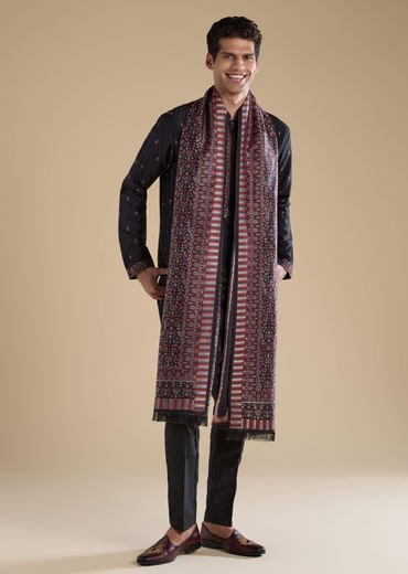 Black Embroidered Mens Kurta Set with Kashmiri Print Dupatta