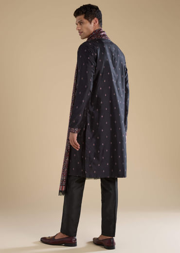 Black Embroidered Mens Kurta Set with Kashmiri Print Dupatta