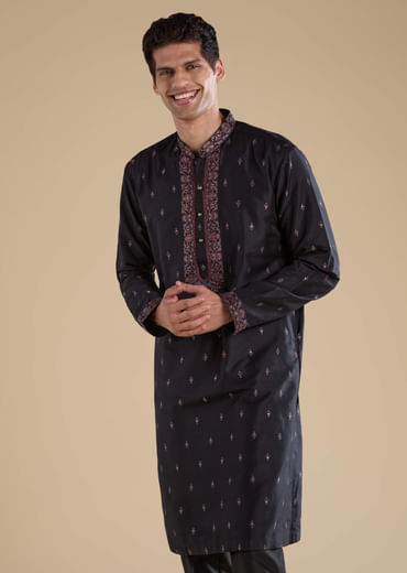 Black Embroidered Mens Kurta Set with Kashmiri Print Dupatta