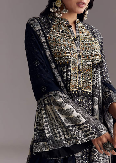 Black Mixed Print Muslin Palazzo Set With Resham Work
