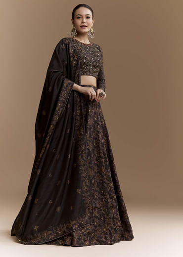 Black Floral Print Silk Brdiesmaid Lehenga Set with Dupatta Black Floral Print Silk Brdiesmaid Lehenga Set with Dupatta
