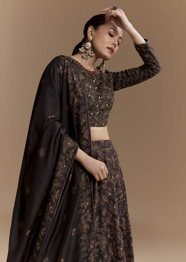 Black Floral Print Silk Brdiesmaid Lehenga Set with Dupatta Black Floral Print Silk Brdiesmaid Lehenga Set with Dupatta