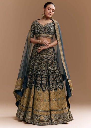 Black Floral Print Silk Lehenga Set with Dupatta