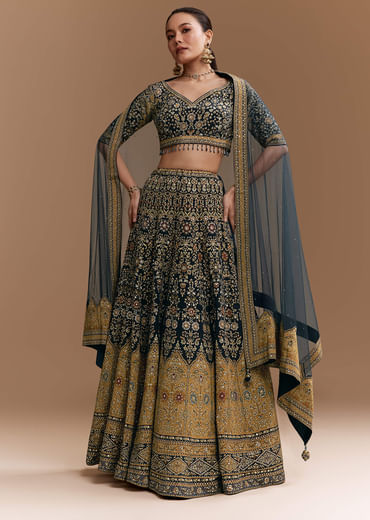 Black Floral Print Silk Lehenga Set with Dupatta