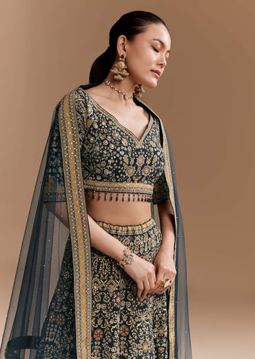 Black Floral Print Silk Lehenga Set with Dupatta