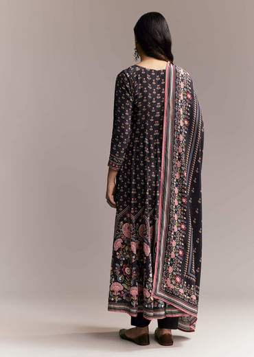 Black Floral Printed Anarkali Set