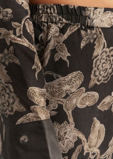 Black Floral Printed Crepe Anarkali Set With Embroidered Neckline