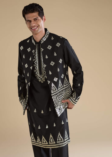 Black Foil Applique Mens Jacket Kurta and Pant Set