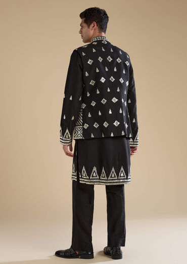Black Foil Applique Mens Jacket Kurta and Pant Set