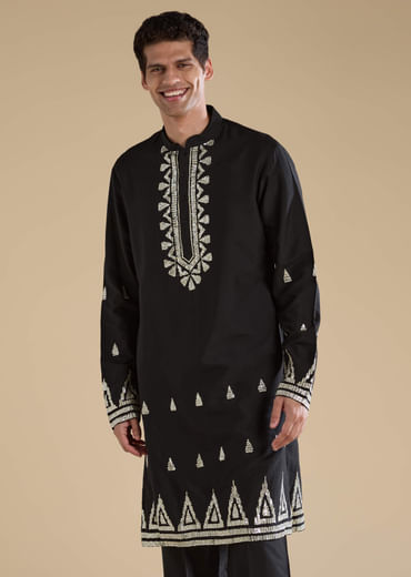 Black Foil Applique Mens Jacket Kurta and Pant Set