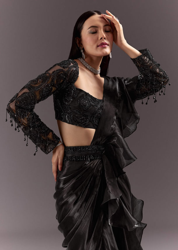 Black Frill Ready Drape Cutdana Sequin Saree With Square Neck Blouse Black Frill Ready Drape Cutdana Sequin Saree With Square Neck Blouse