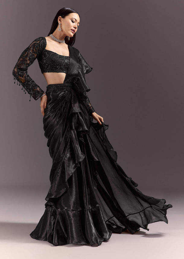Black Frill Ready Drape Cutdana Sequin Saree With Square Neck Blouse Black Frill Ready Drape Cutdana Sequin Saree With Square Neck Blouse