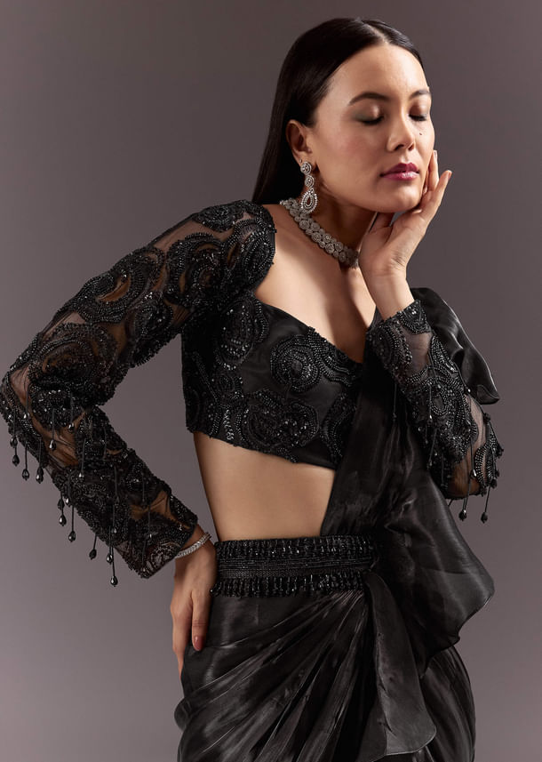 Black Frill Ready Drape Cutdana Sequin Saree With Square Neck Blouse Black Frill Ready Drape Cutdana Sequin Saree With Square Neck Blouse