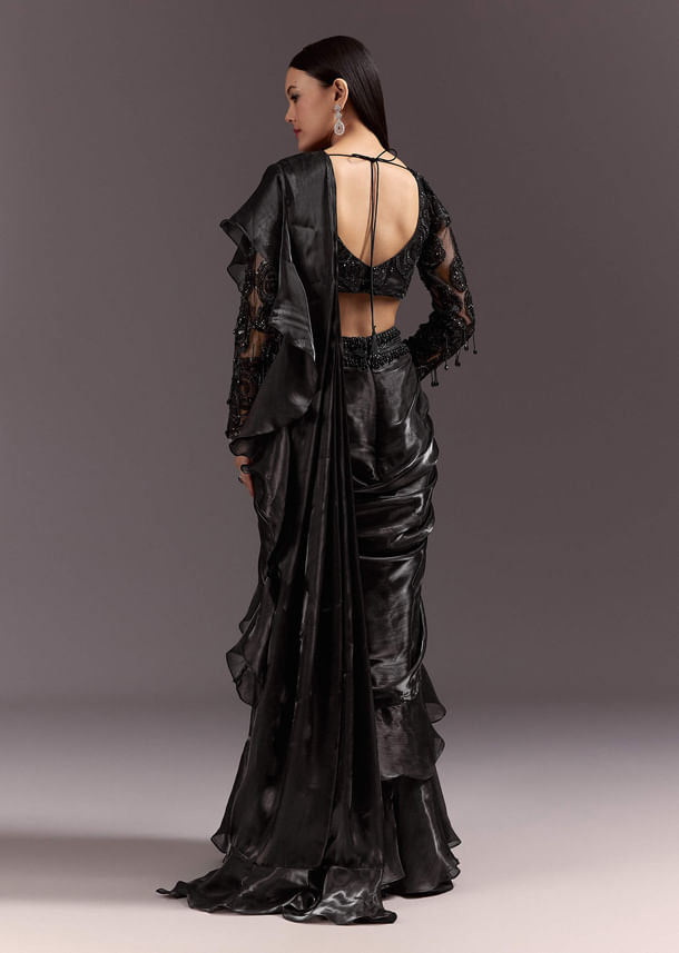 Black Frill Ready Drape Cutdana Sequin Saree With Square Neck Blouse Black Frill Ready Drape Cutdana Sequin Saree With Square Neck Blouse
