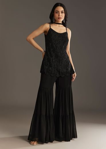 Black Georgette Kurta With Cut Dana And Moti Work And Tassel Dupatta