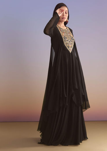 Black Georgette Palazzo Suit With Sequins And Resham Embroidery