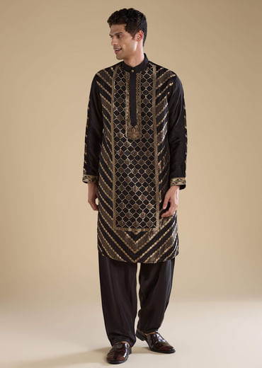 Black Handwoven Jacquard Silk Mens Kurta Pant Set