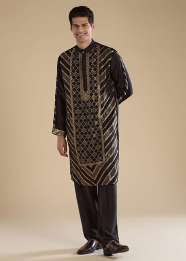 Black Handwoven Jacquard Silk Mens Kurta Pant Set
