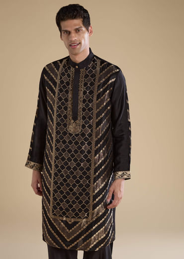 Black Handwoven Jacquard Silk Mens Kurta Pant Set