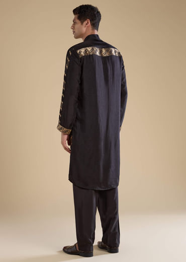 Black Handwoven Jacquard Silk Mens Kurta Pant Set
