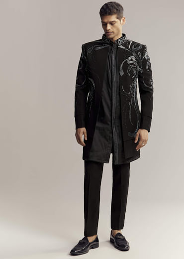Black Imported Organza Indo Western For Men With Heavy Embroidery
