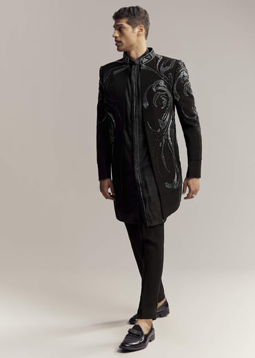 Black Imported Organza Indo Western For Men With Heavy Embroidery