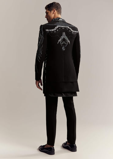 Black Imported Organza Indo Western For Men With Heavy Embroidery