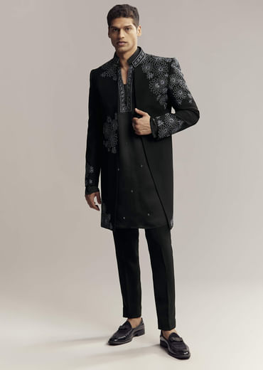 Black Imported Satin Organza Indo Western For Men With Zardosi Embroidery