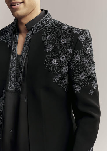 Black Imported Satin Organza Indo Western For Men With Zardosi Embroidery