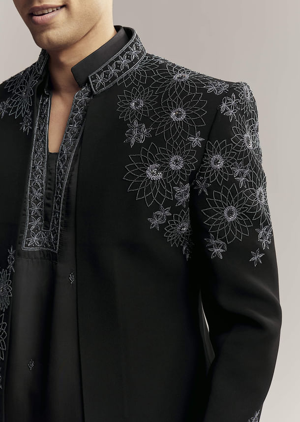 Black Imported Satin Organza Indo Western For Men With Zardosi Embroidery